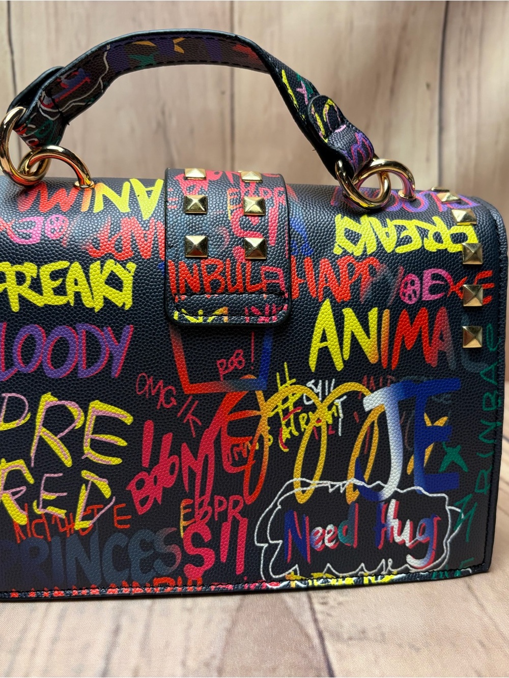 Multicolor Graffiti Studded Satchel with Clear Panel - Picture 6 of 6